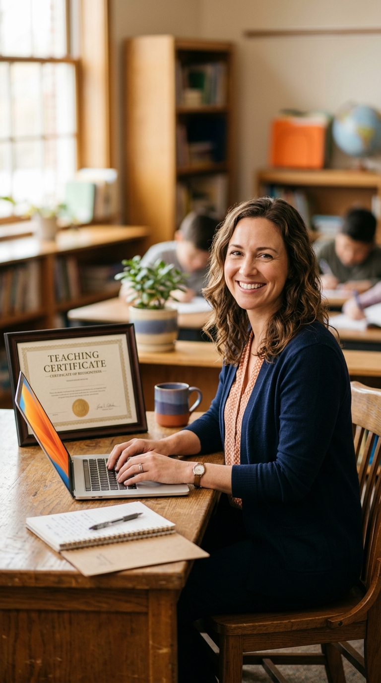 Smiling teacher at her desk with a teaching certificate