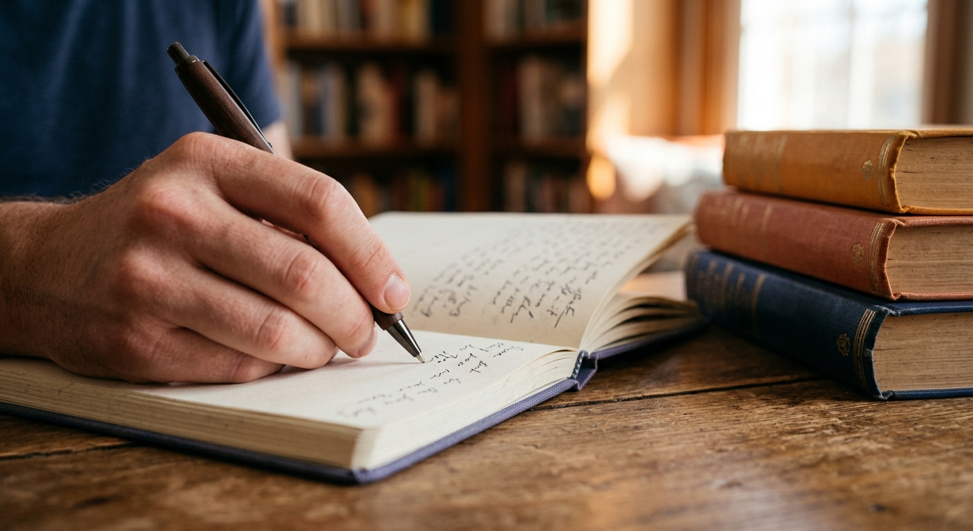 Handwritten notes beside a stack of books